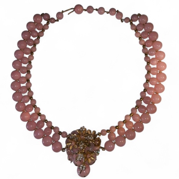 Vintage Pink Beaded Necklace Floral Cluster Gold Tone Haskell Style Hand Wired - Picture 2 of 10
